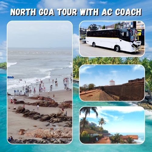 A sightseeing tour bus in North Goa with tourists exploring popular attractions.