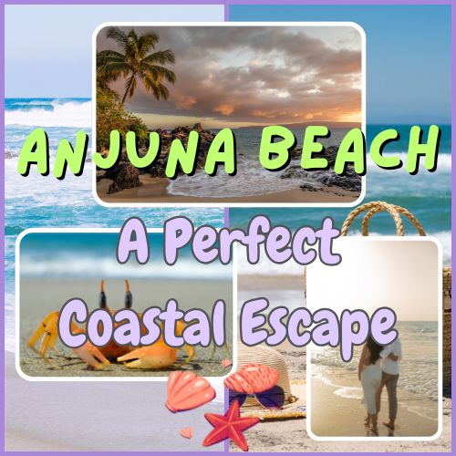 Anjuna Beach Scenic view of Anjuna Beach in Goa with golden sand, rocky shoreline, and waves crashing under a clear blue sky, surrounded by palm trees and beach shacks.