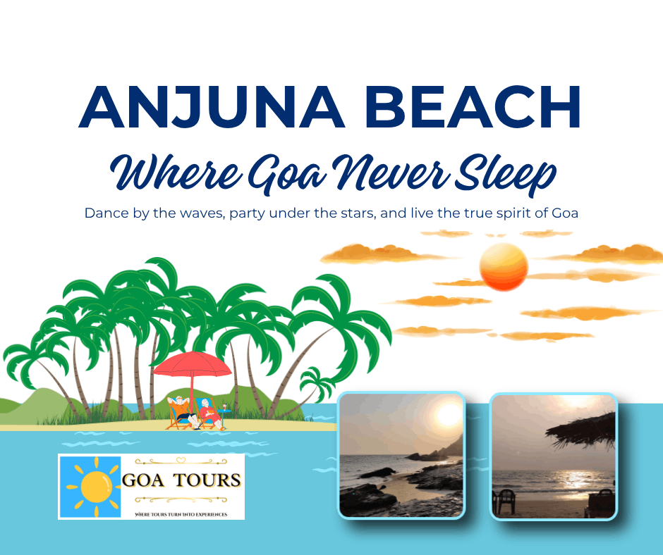 Anjuna Beach in North Goa is famous for its vibrant nightlife, beach parties, live music, beach shacks, stunning sunsets, and energetic atmosphere, attracting travelers from around the world seeking unforgettable coastal experiences.