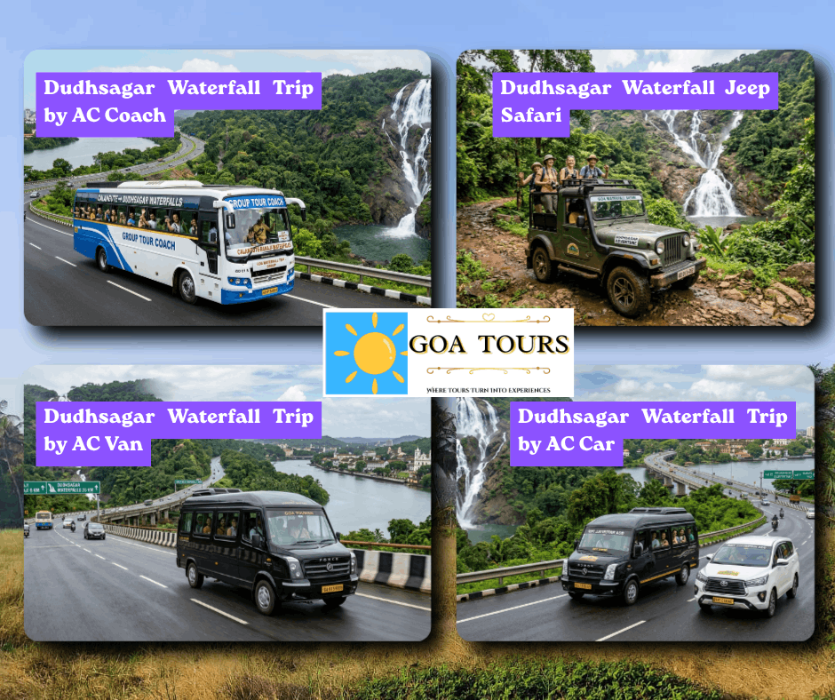 Dudhsagar Waterfall trip by Private AC Car, Private AC Van, or AC Coach from the National Highway in Goa. Enjoy a comfortable road journey, thrilling jeep safari through Bhagwan Mahavir Wildlife Sanctuary, and breathtaking views of the majestic Dudhsagar Falls on a memorable day trip.