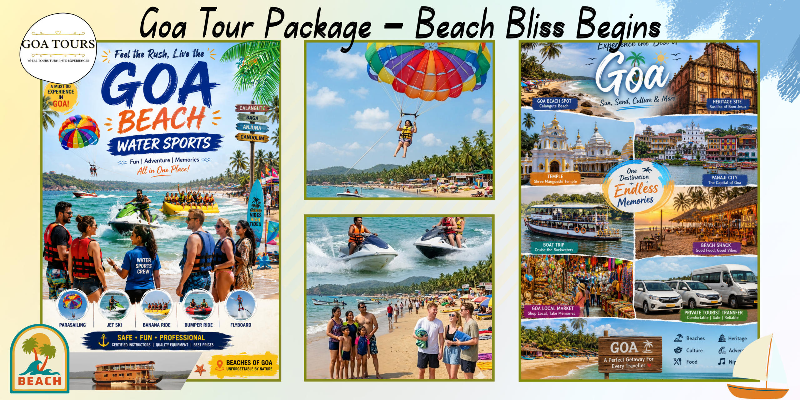 Tourists enjoying a Goa tour package featuring thrilling water sports, scenic beaches, historic churches, famous temples, sightseeing spots, palm trees, and vibrant coastal attractions of Goa.