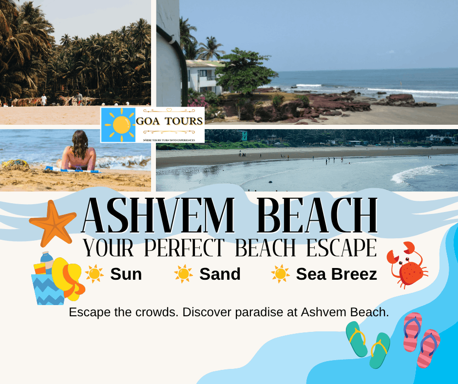 Ashvem Beach Goa featuring pristine golden sands, clear blue waters, swaying palm trees, and a peaceful coastal atmosphere. A perfect destination for relaxation, sunbathing, beach walks, and enjoying the natural beauty of North Goa.