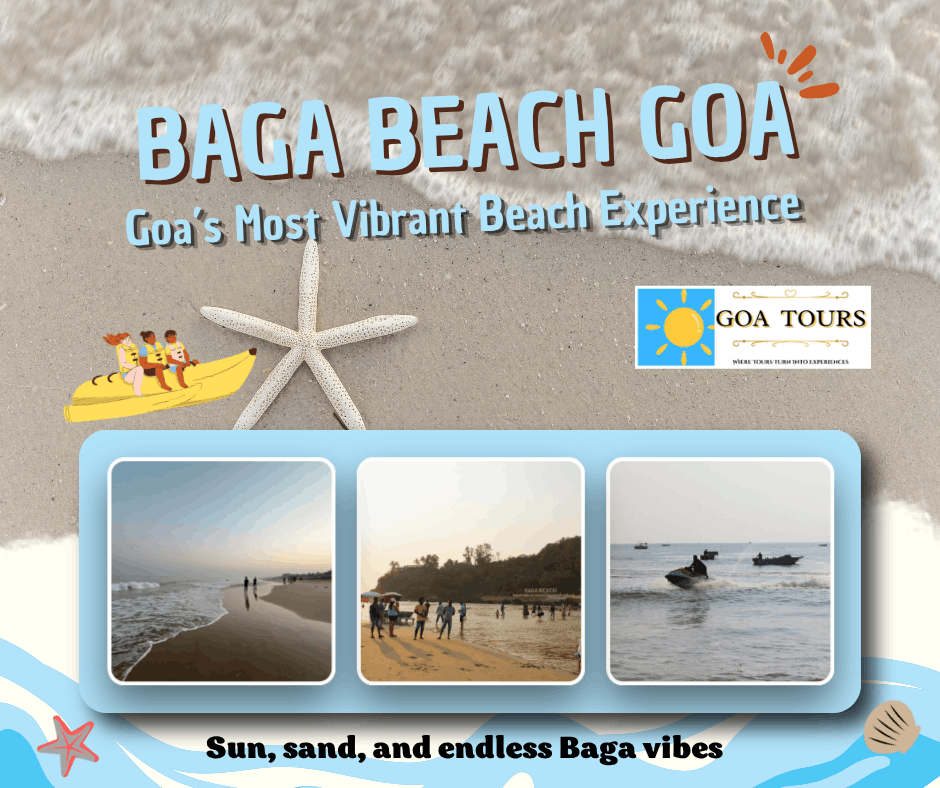 Famous Baga Beach in Goa showcasing vibrant nightlife, seaside dining, and exciting beach activities. Golden sands of Baga Beach Goa lined with colorful shacks, thrilling water sports, swaying palm trees, and vibrant nightlife along the Arabian Sea coastline.